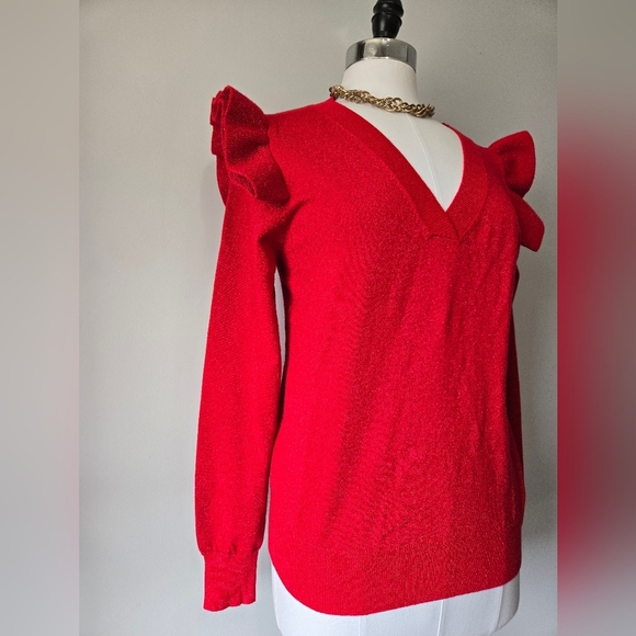 MOLLY BRACKEN NWT Red Sparkle V-Neck Sweater with Ruffle Shoulders. Size Large - Picture 2 of 13